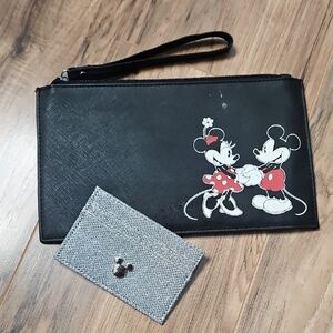 Disney Black and Red Mickey and Minnie Wristlet With Metallic Silver Card Holder